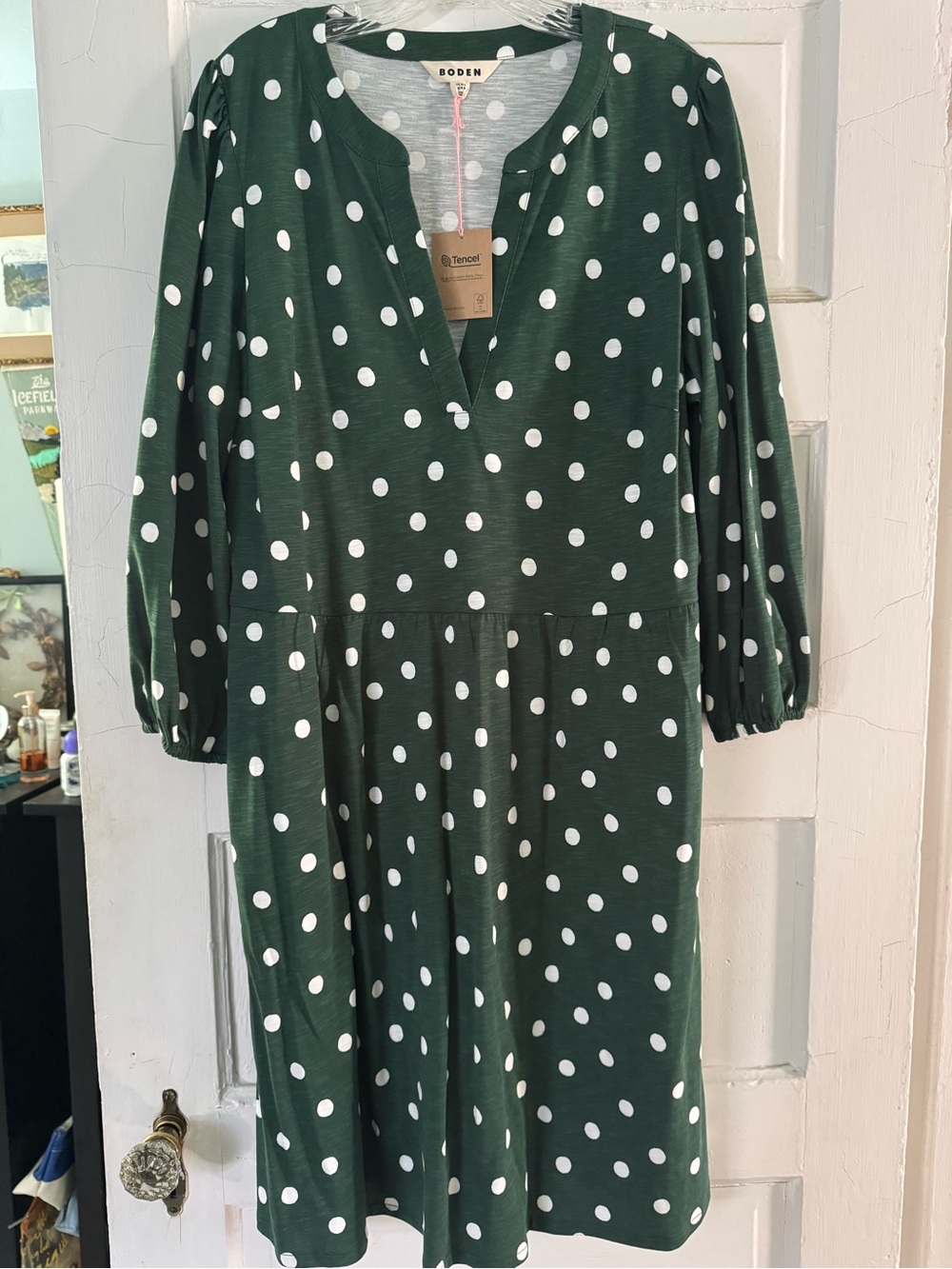 Boden Forest Green White Polka Dot Midi Dress with pockets